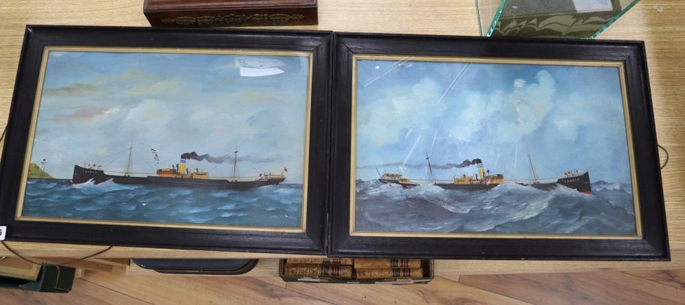 English School c.1900, pair of oils on card, Portraits of the steamship Camden, 28 x 45cm